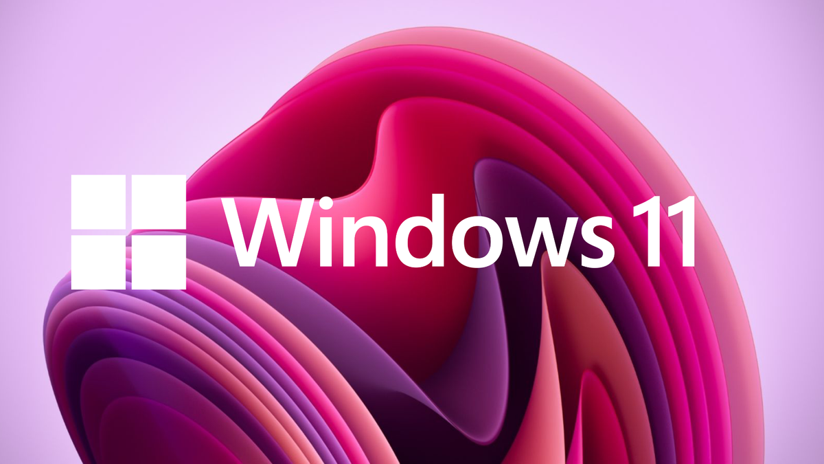 Windows 11 logo on pink graphical background
